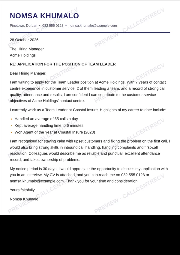 Sample cover letter for a customer service job (made-up person)