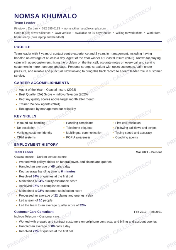 Sample CV for a call centre team leader (made-up person)