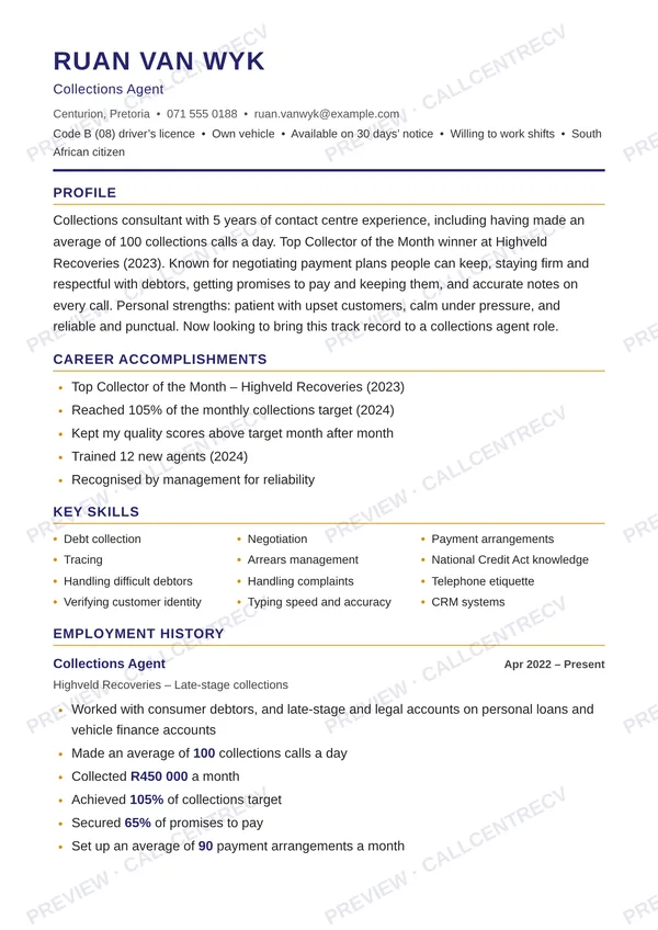 Sample CV for a collections agent (made-up person)